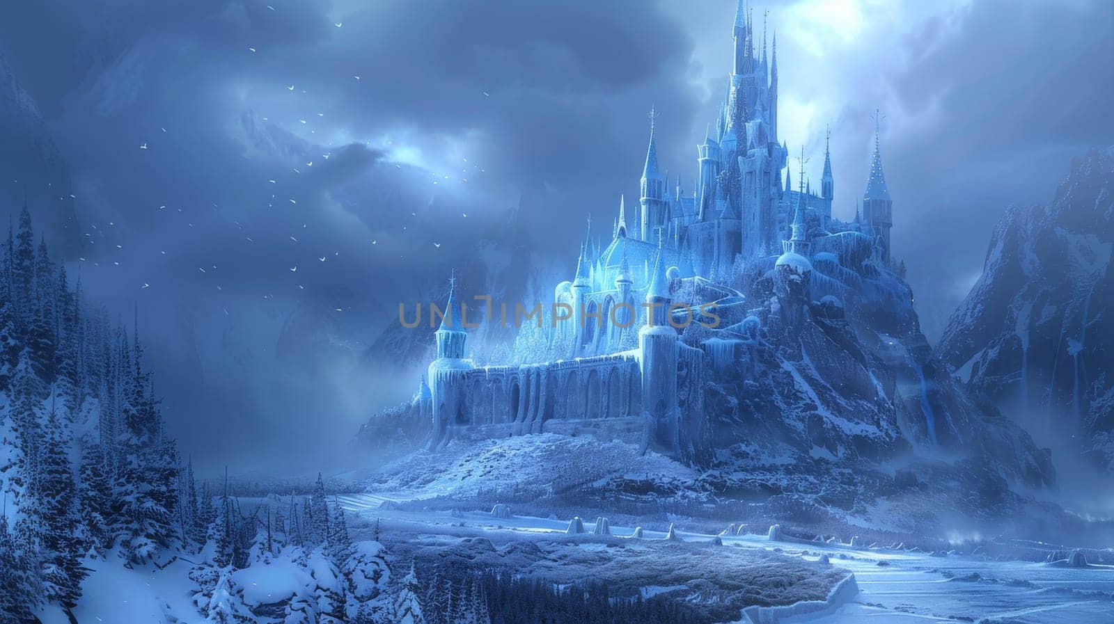 A castle is shown in the distance with a frozen lake in front of it. The castle is surrounded by snow and ice, giving it a cold and desolate appearance