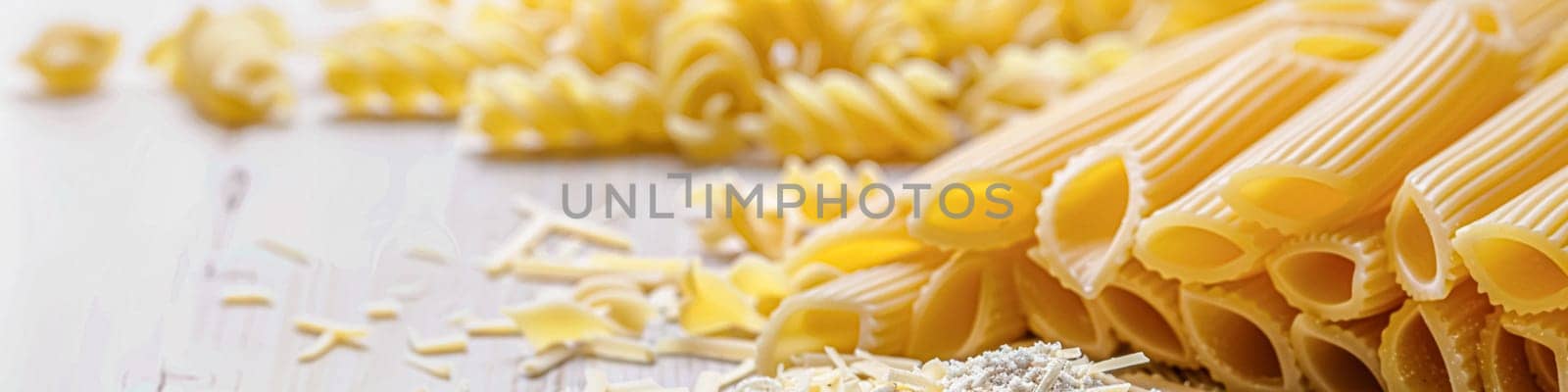 Pasta recipe preparation flatlay background with ingredients, spaghetti, olive oil, garlic, tomatoes and spices in the kitchen, homemade food recipe idea