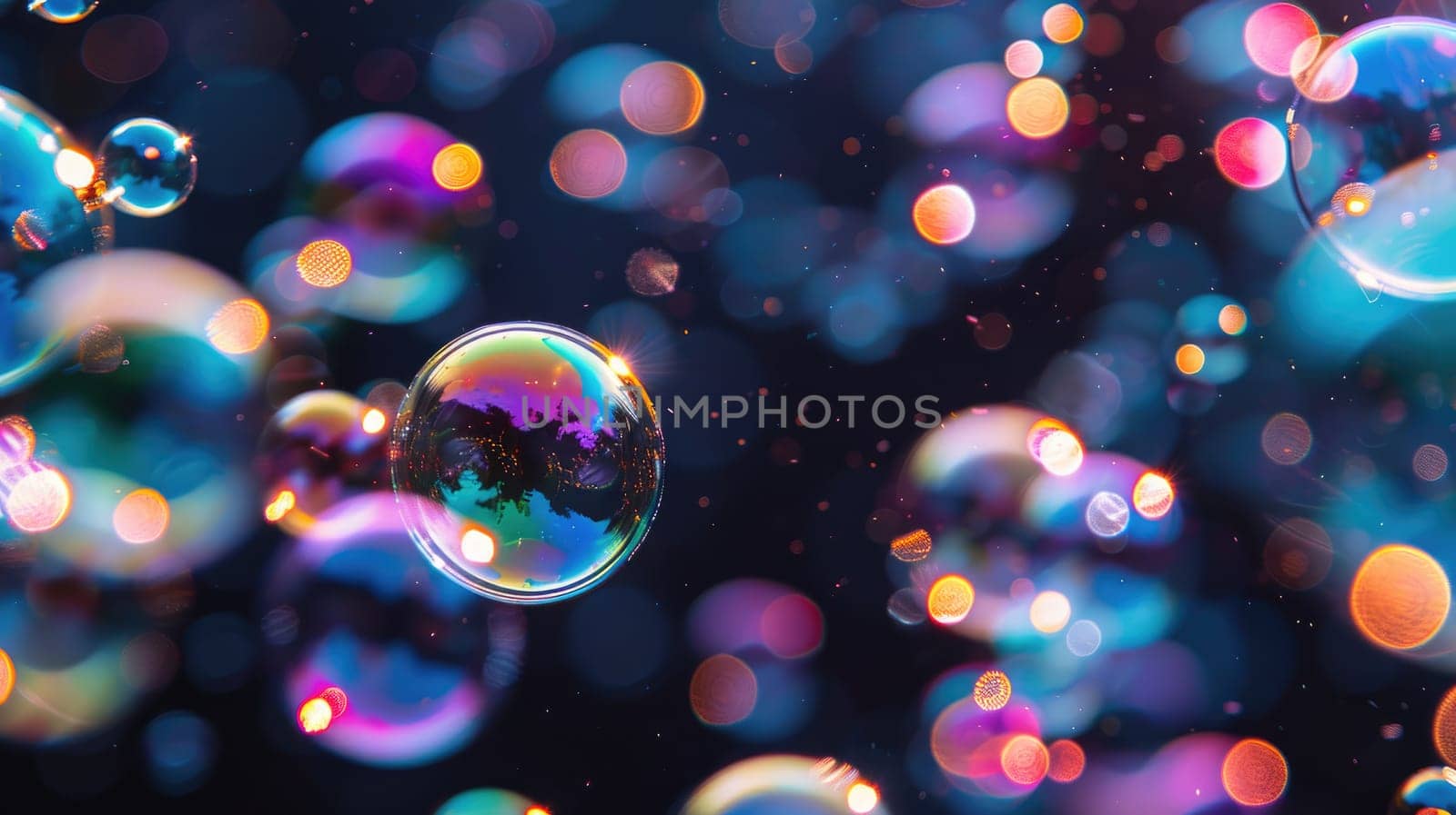 A colorful image of bubbles with a dark background. The bubbles are of different colors and sizes, and they are scattered all over the image. Scene is playful and whimsical