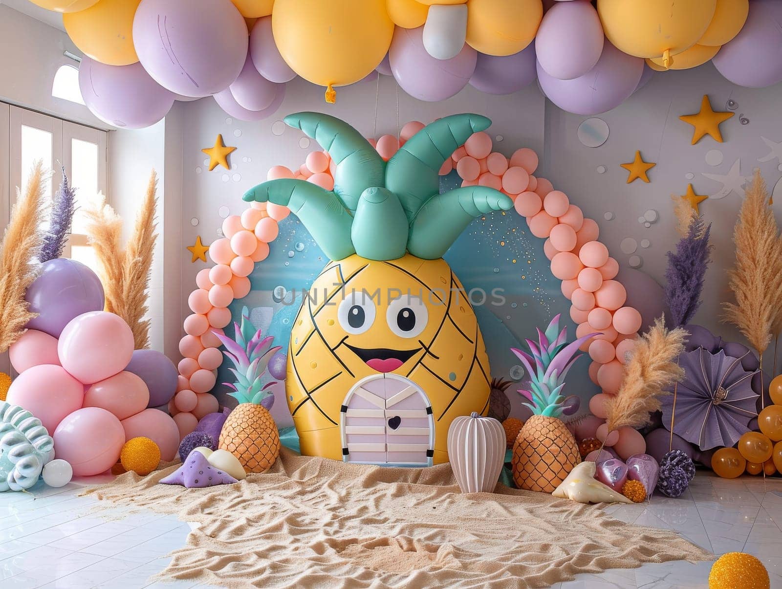A room decorated with balloons and a pineapple cake. The room has a tropical theme with palm trees and a beach setting