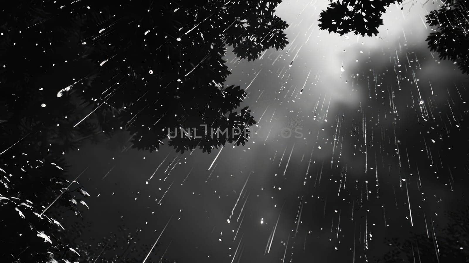 A black and white photo of a rainy night with a tree in the foreground. The sky is dark and cloudy, and the rain is falling in a steady stream. Scene is somber and melancholic