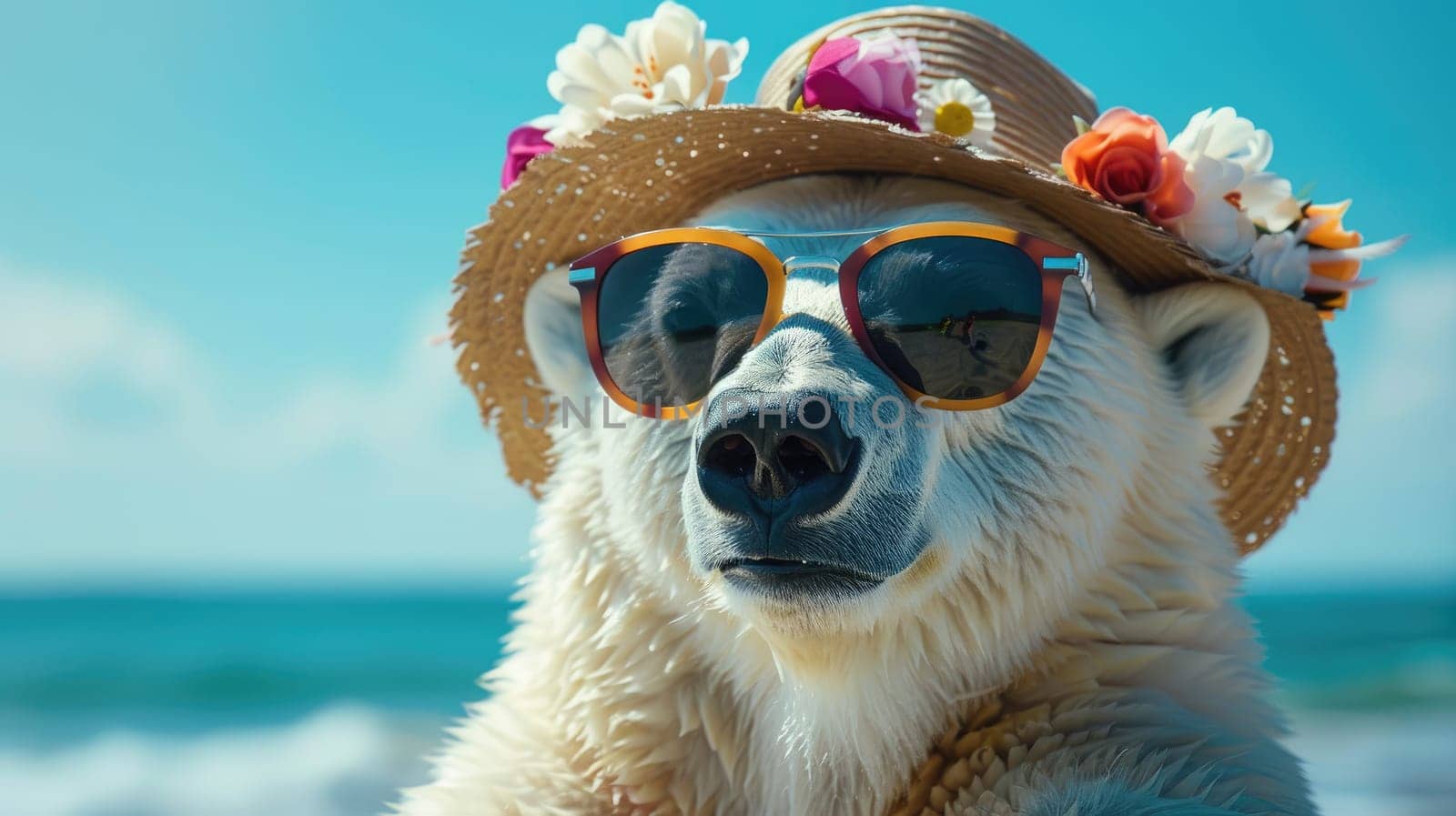 A polar bear wearing sunglasses and a straw hat is standing on a beach. The polar bear is smiling and he is enjoying the sunny day.