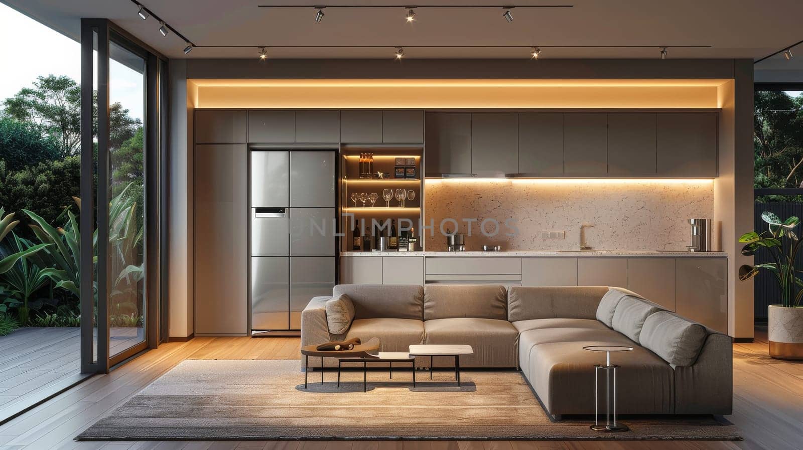 A kitchen with a granite countertop and wood cabinets. The kitchen is clean and well-organized