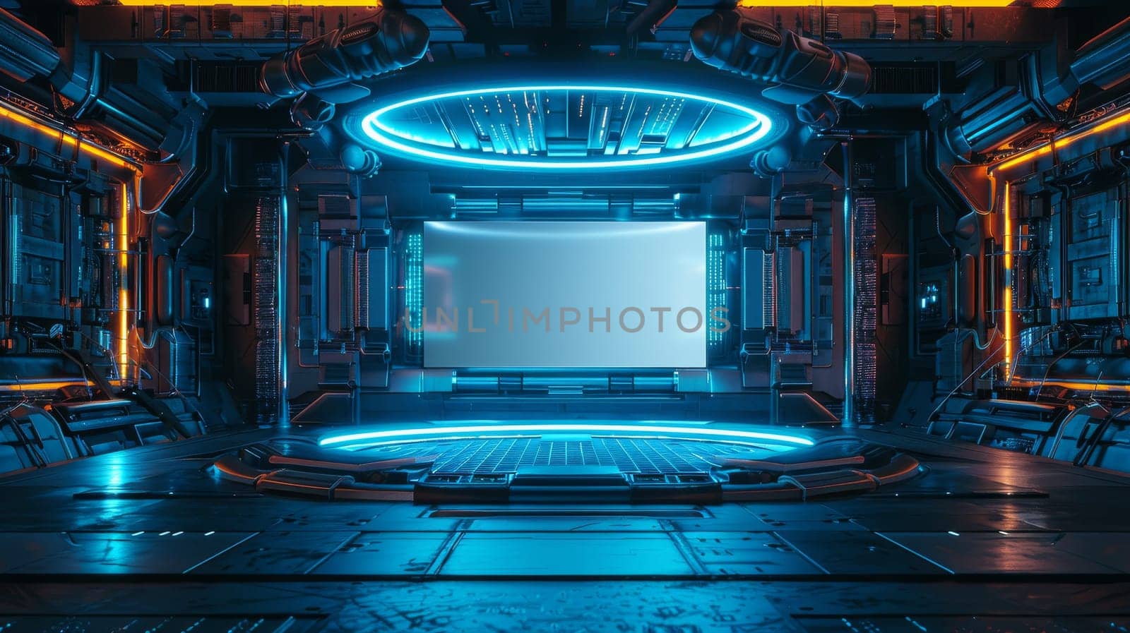 A futuristic space with a blue screen in the center. The room is empty and the blue light is on