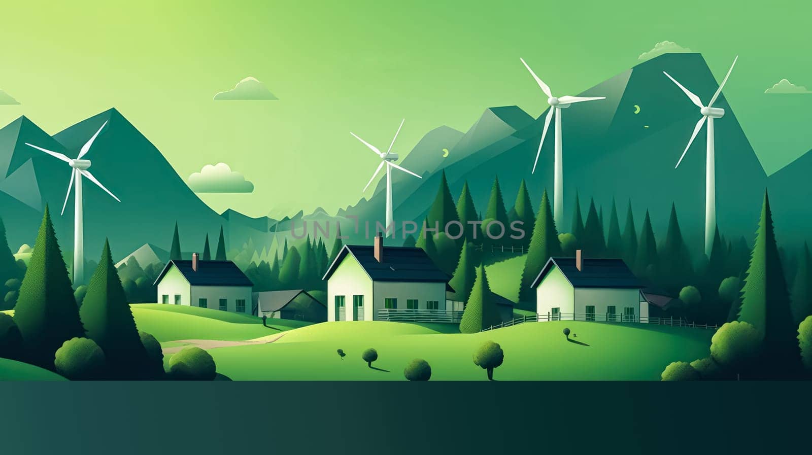 A green landscape featuring houses and windmills, illustrating the concept of environmentally friendly energy utilization and sustainability.