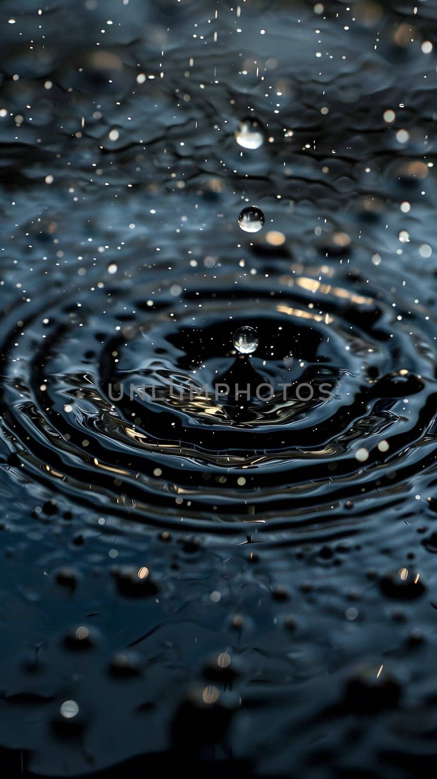 A drop of precipitation falls into a puddle, creating a pattern of electric blue circles in the water, adding moisture to the liquid surface