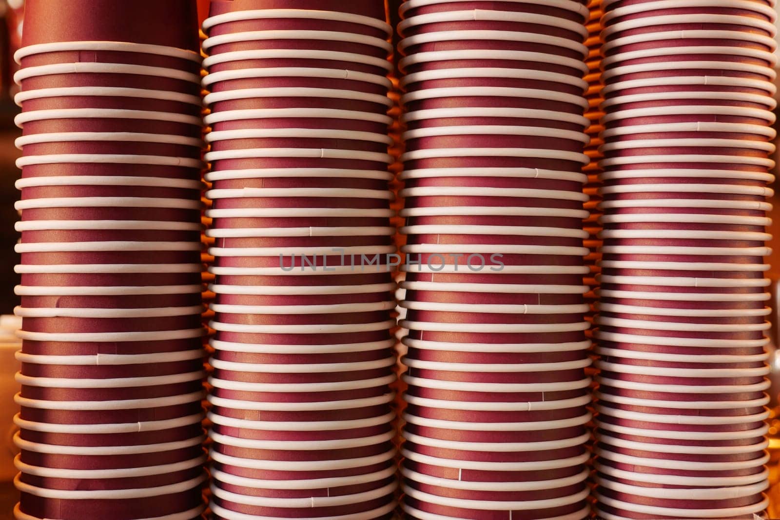 Lots of paper coffee cups at cafe ,