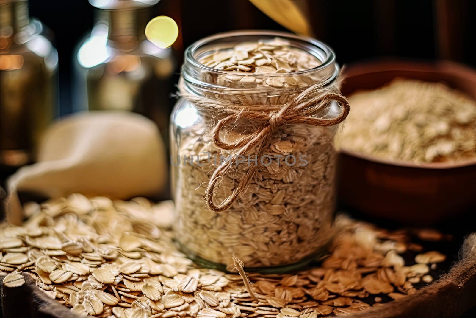 A jar of oatmeal is on a table with a spoon and a pile of oatmeal. The jar is half full and the oatmeal is scattered around it