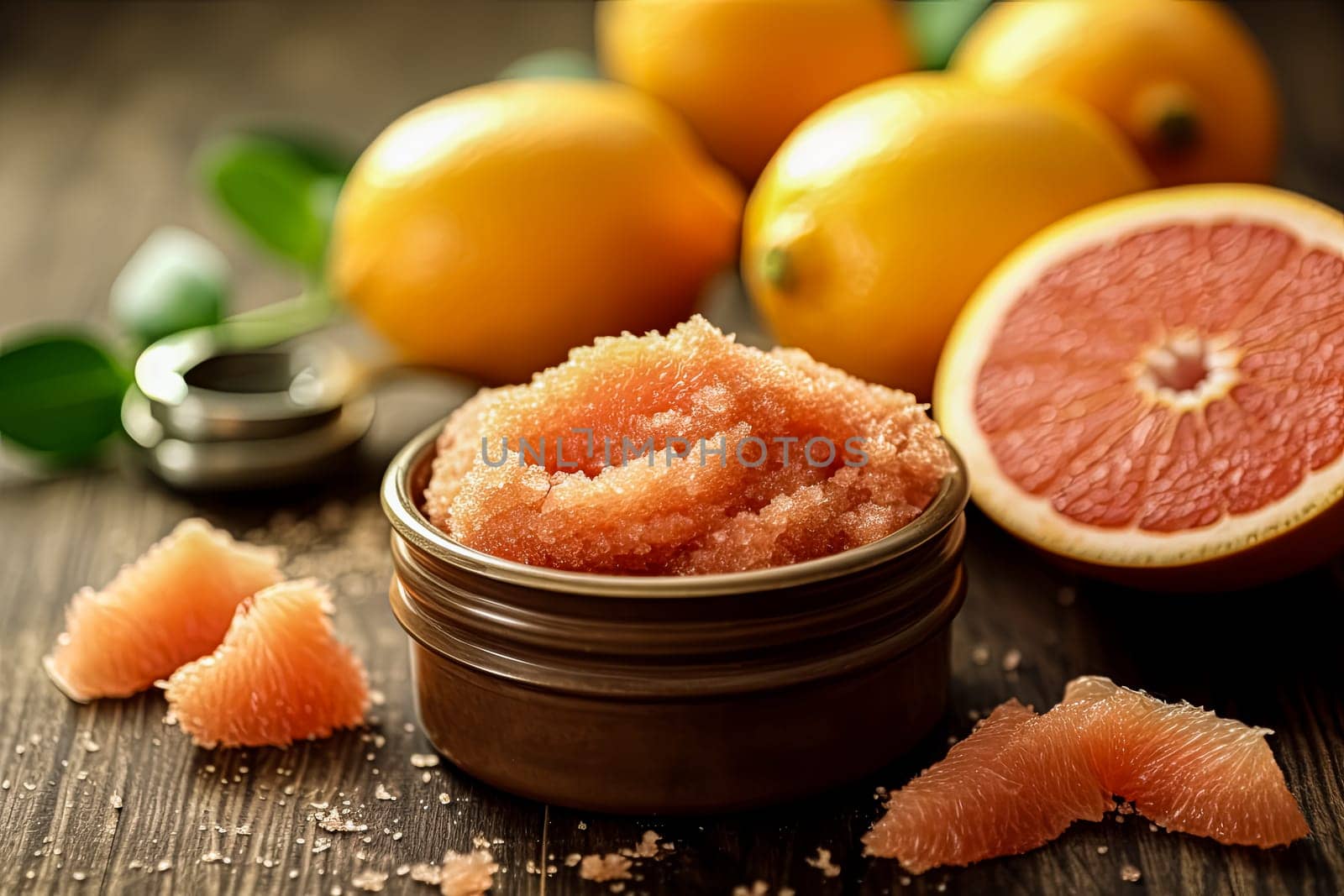 A glass jar with grapefruit salt scrub for the body, a concept of body care cosmetics. Sliced grapefruit rounds are placed around it.