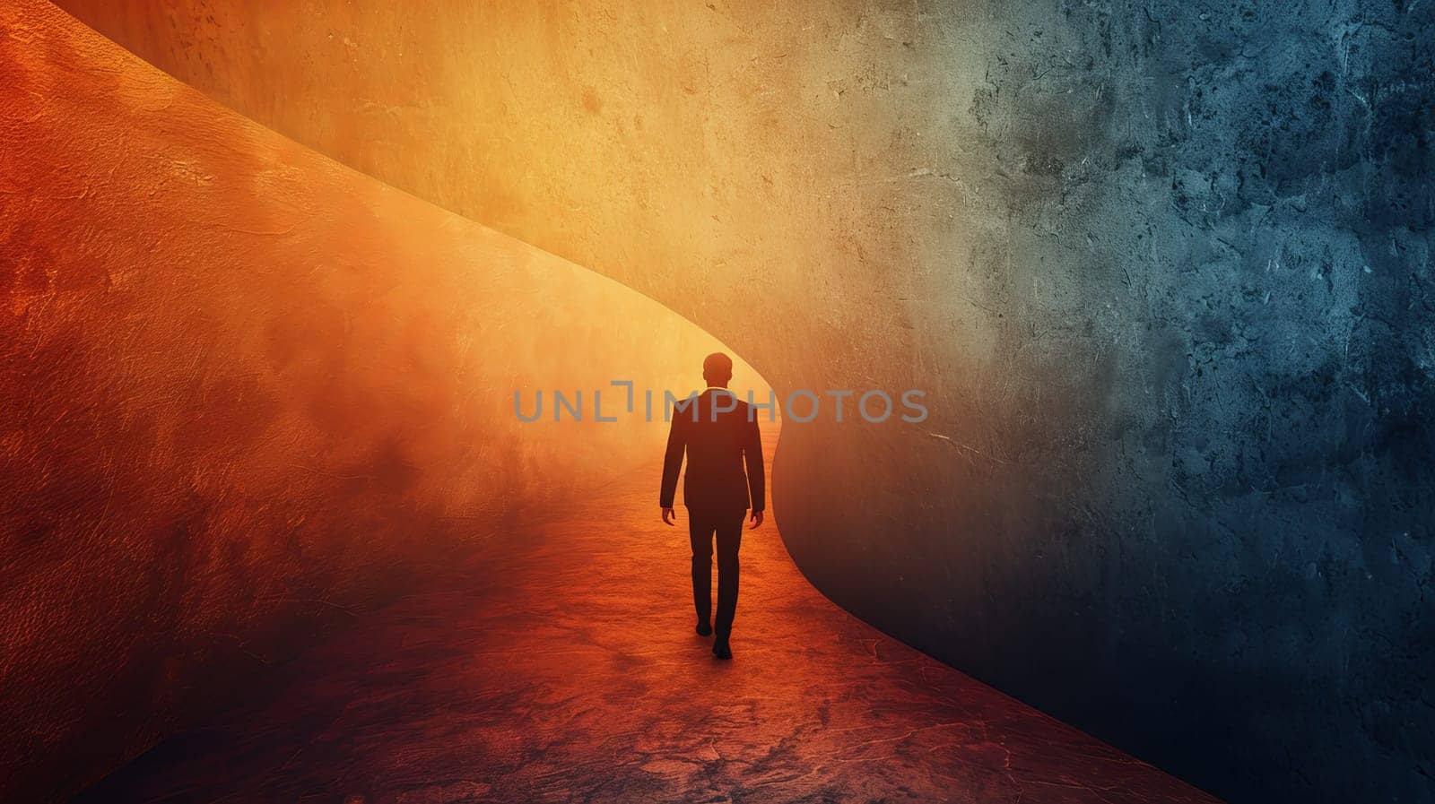 A man walks through a tunnel with a sunset in the background. The tunnel is empty and the man is the only person in the scene