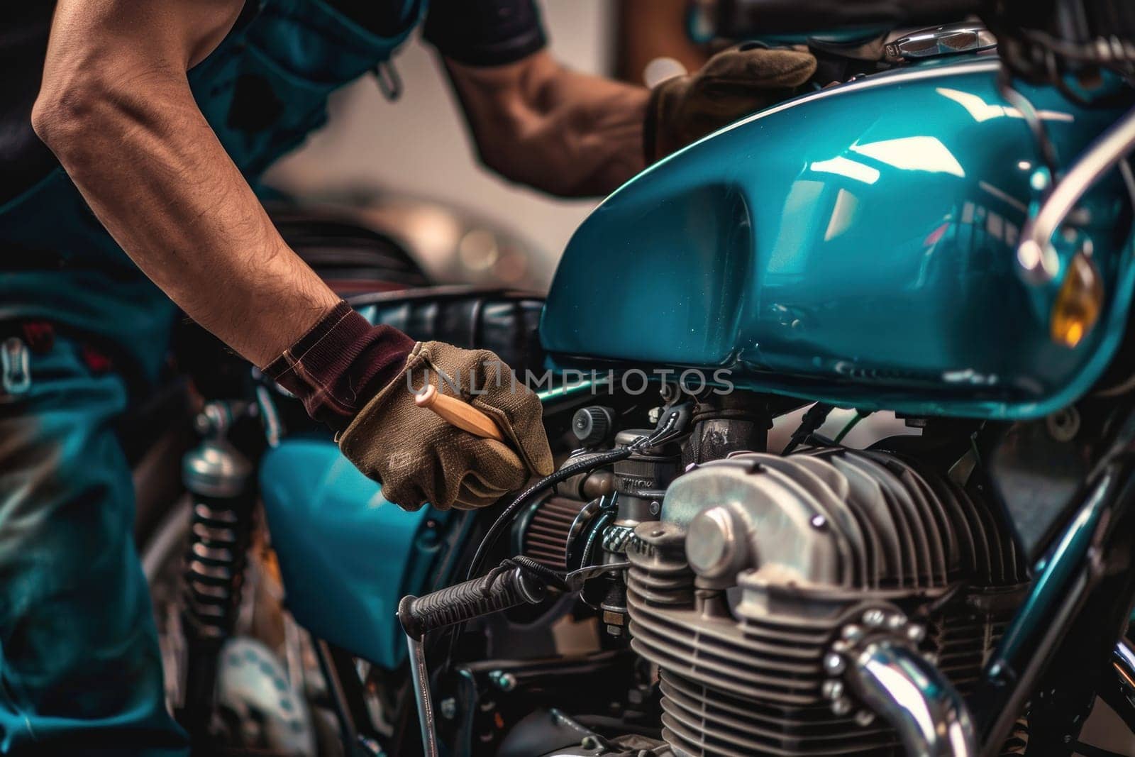 Mechanic Repairing a Motorcycle Vintage Style Concept Classic Motorbike Maintenance.