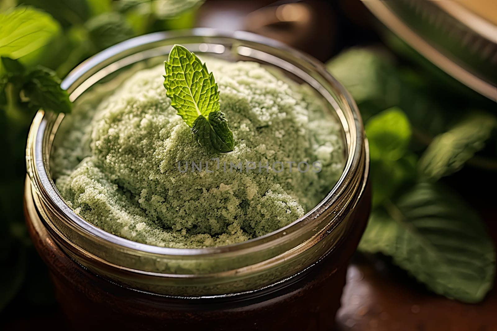 A jar of sugar scrub with peppermint sits on the table surrounded by herbs and mint, representing natural body care.