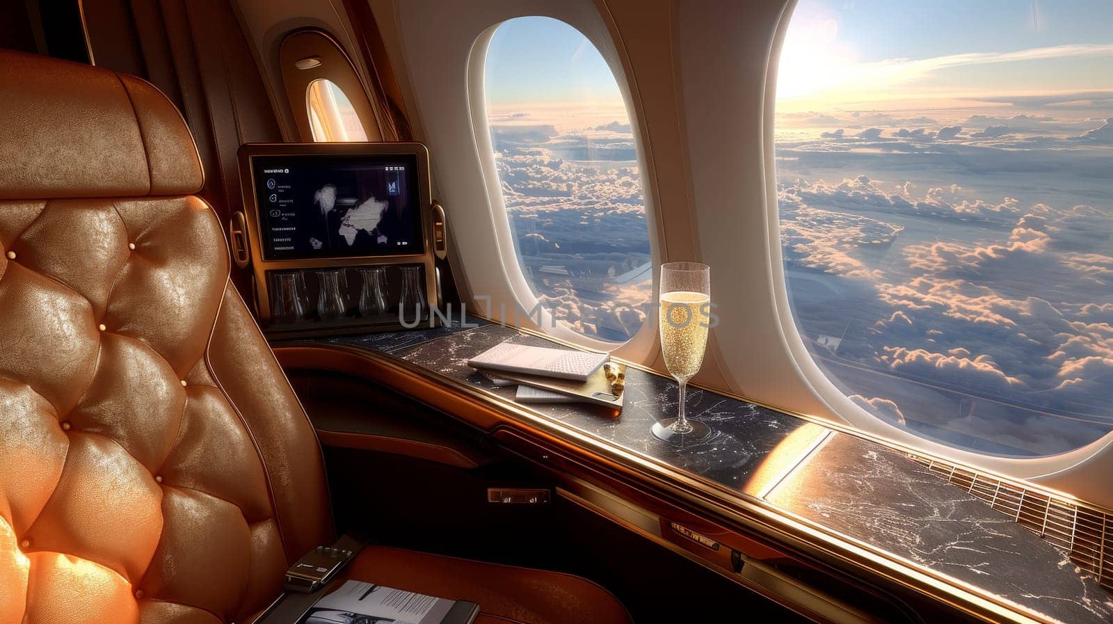 A luxurious airplane with two leather seats and a champagne glass. Private seat on private jet.