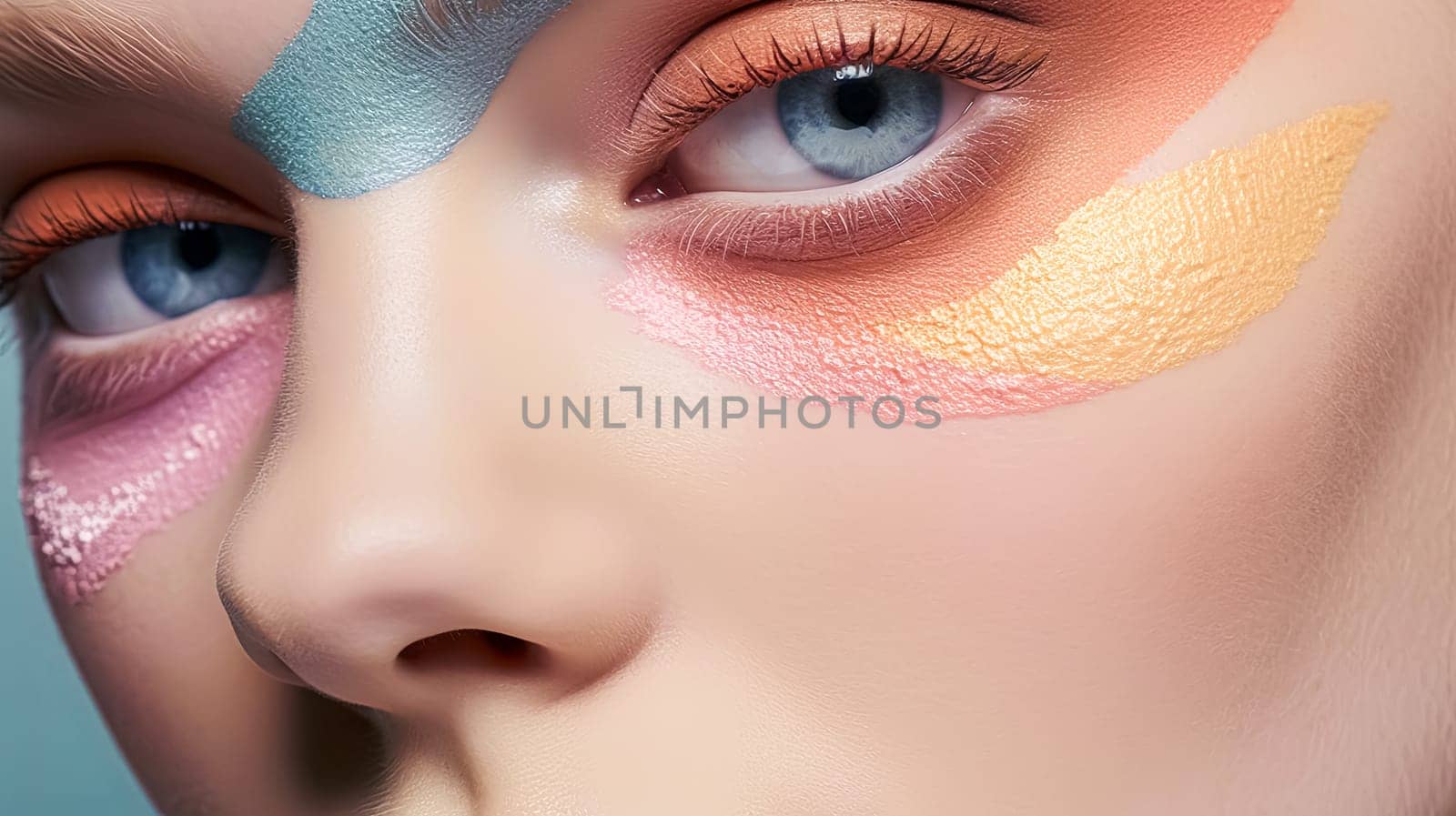 A woman's eye is painted with a colorful feather pattern. The colors are blue, orange, and yellow. The eye is the main focus of the image, and the colors and pattern create a vibrant