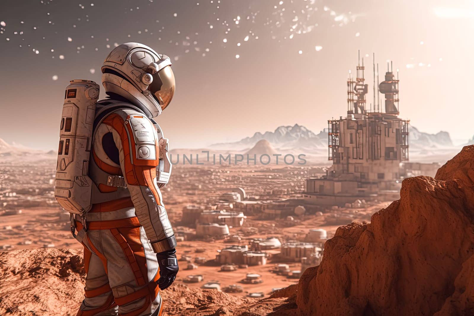 A man in a space suit stands on a rocky surface looking up at a large planet. The scene is set in a barren, desolate landscape with no signs of life