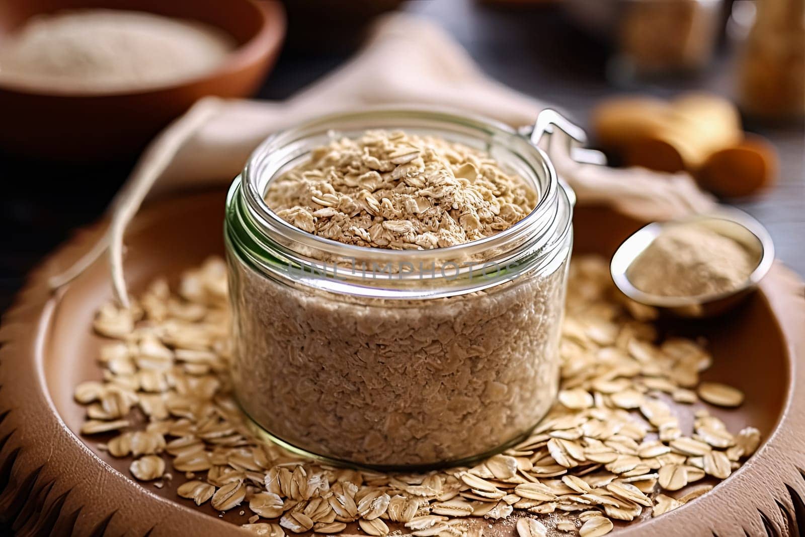 A jar of oatmeal is on a table with a spoon and a pile of oatmeal. The jar is half full and the oatmeal is scattered around it