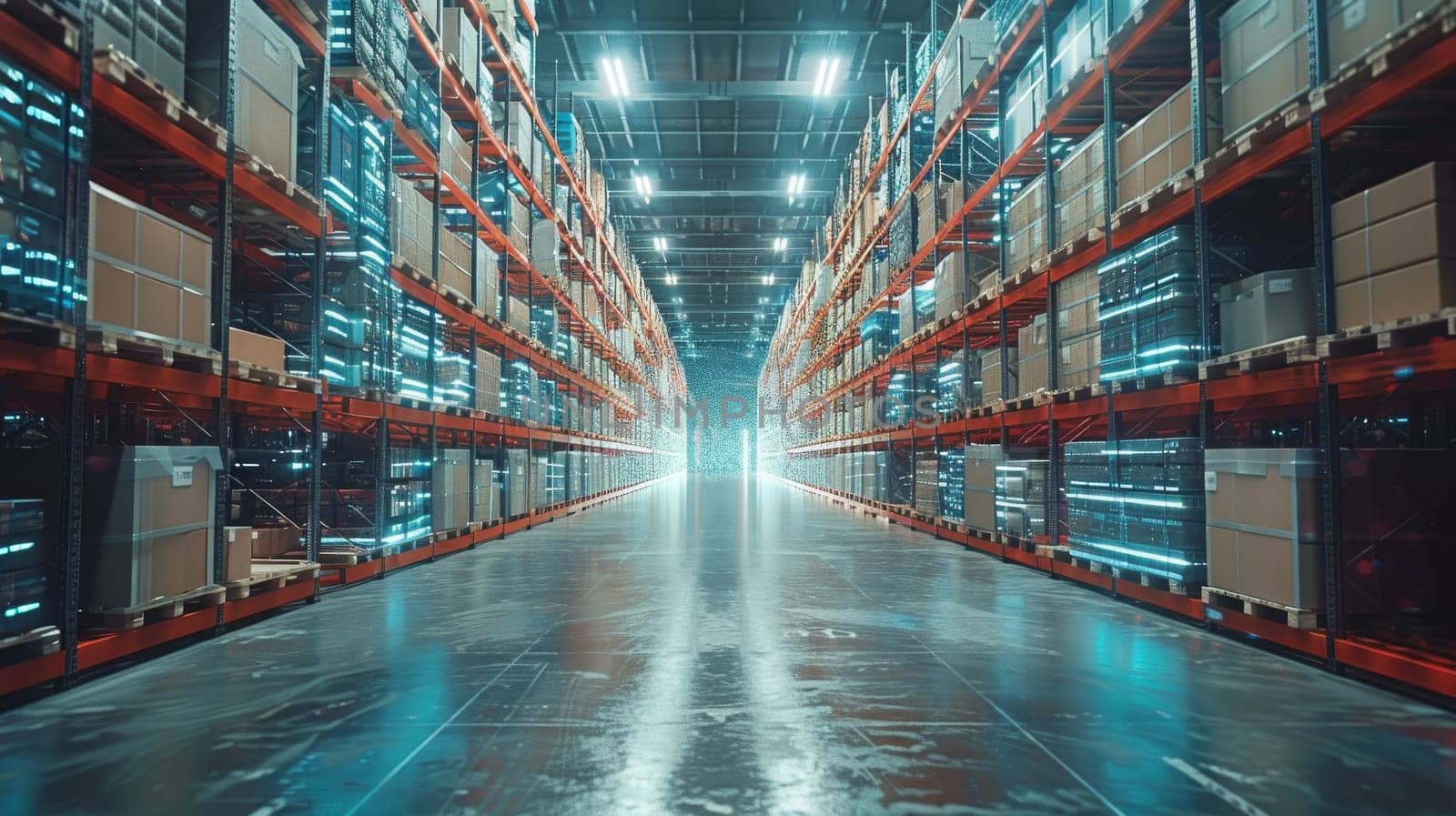 A warehouse with a lot of boxes and shelves. The boxes are lit up with neon lights. The warehouse is very large and has a futuristic feel to it