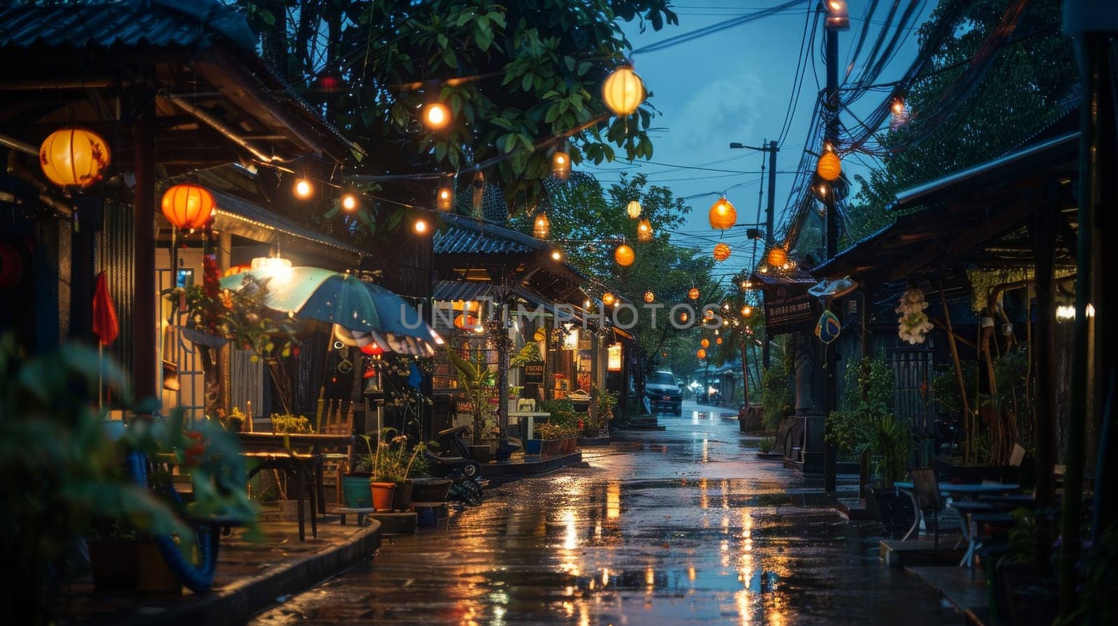 A street with lights and umbrellas in the rain.