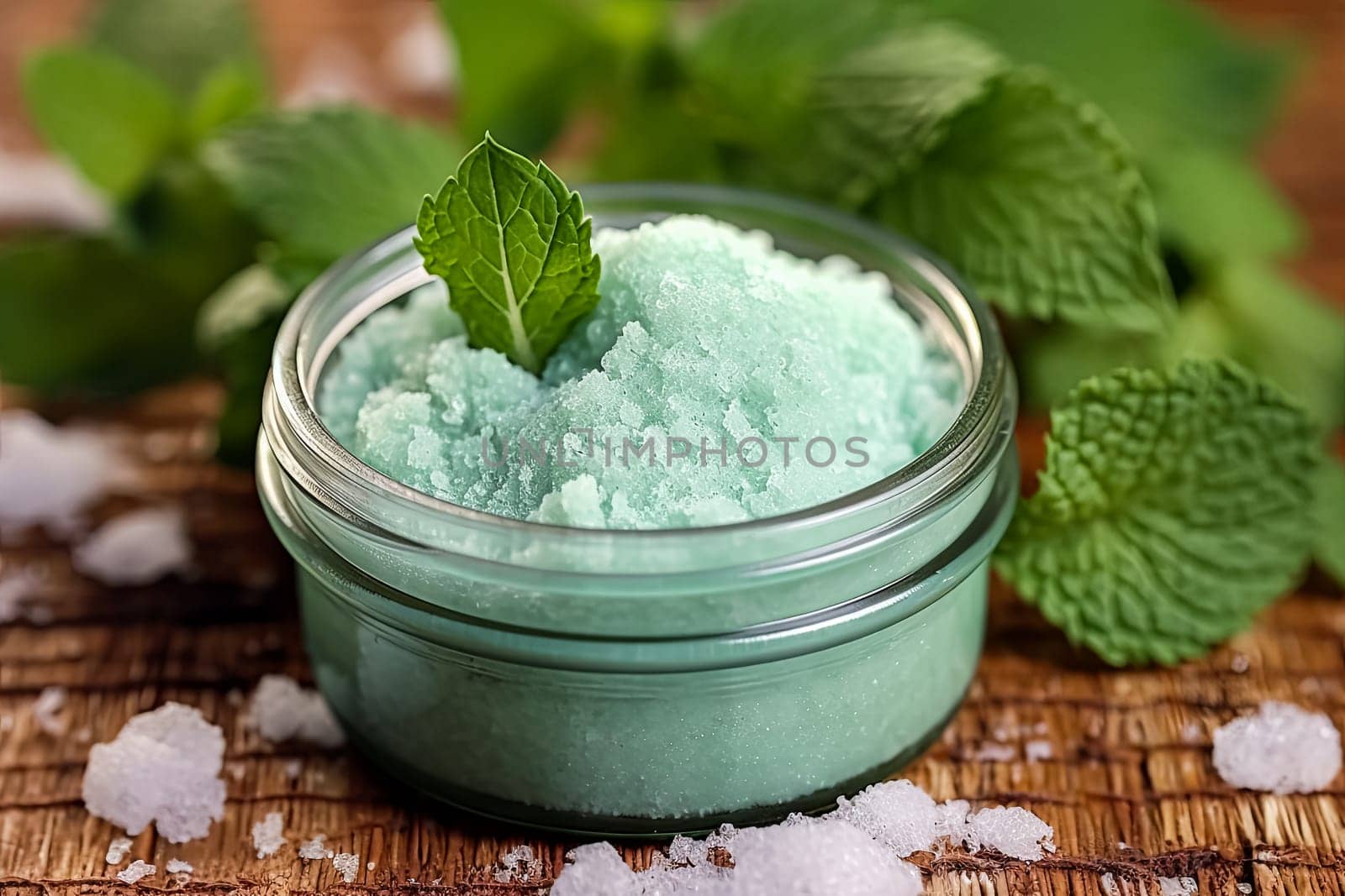 A jar of sugar scrub with peppermint sits on the table surrounded by herbs and mint, representing natural body care.