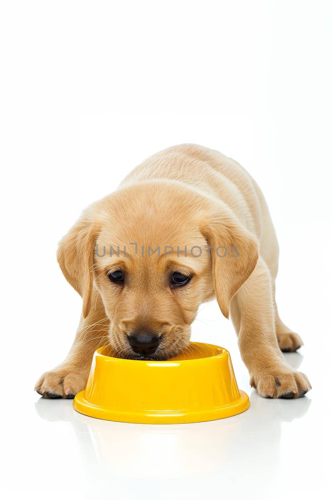 pet dog eating food from bowl dish isolated on background. ai generated.