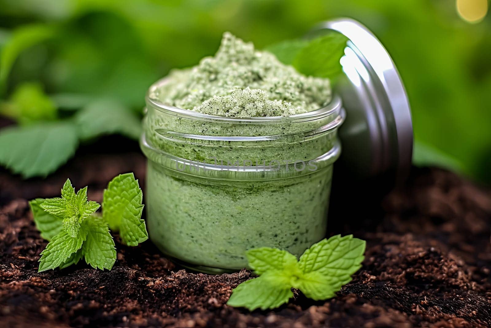 A jar of sugar scrub with peppermint sits on the table surrounded by herbs and mint, representing natural body care.