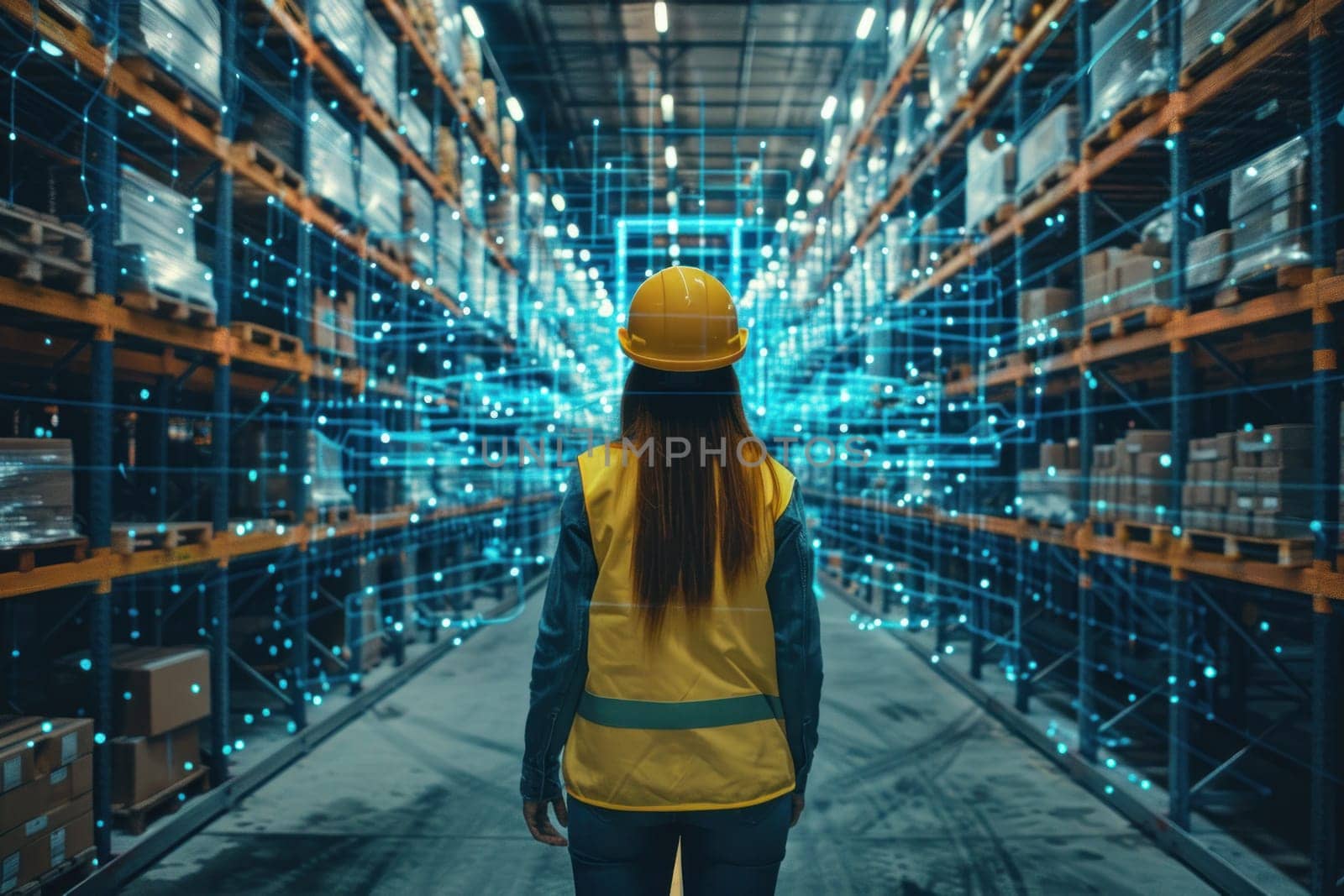 Female Warehouse Worker in Yellow Vest and Safety Helmet Navigating High Tech Warehouse Concept Tech Driven Inventory Management.