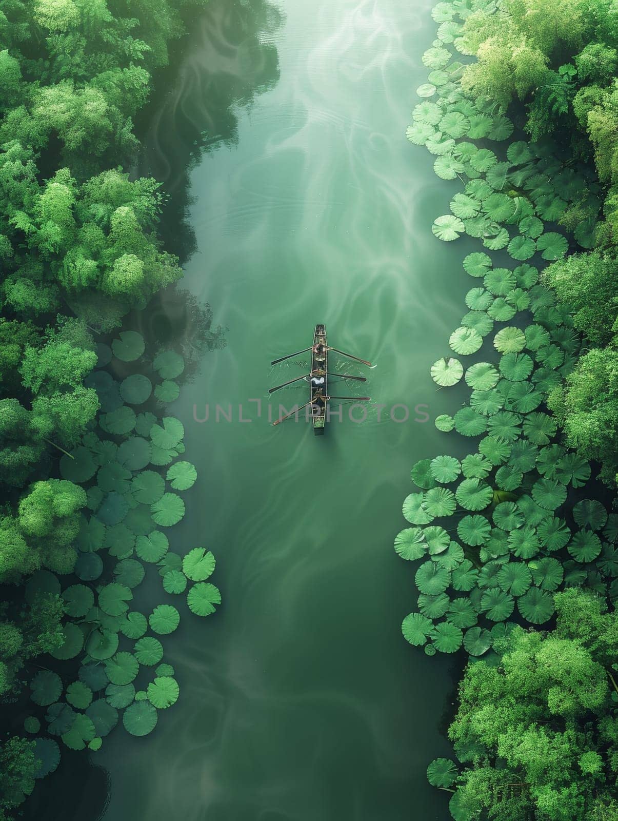 A boat is floating on a river with green lily pads on the shore. The boat is surrounded by trees and the water is calm
