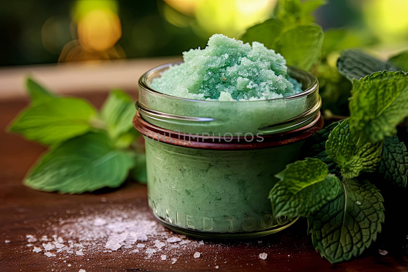 A jar of sugar scrub with peppermint sits on the table surrounded by herbs and mint, representing natural body care.