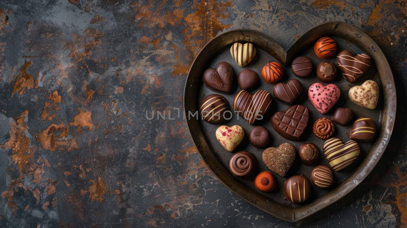 A heart shaped tray of assorted chocolates and raspberries indulgence for a Chocolate Day banner.