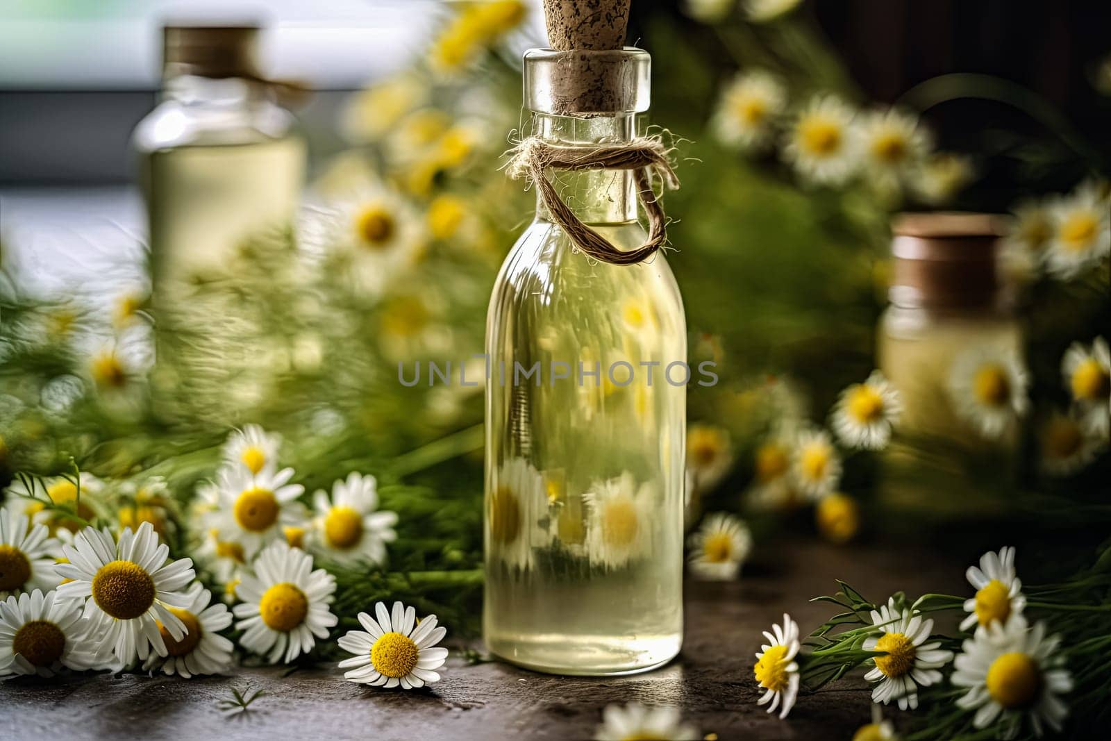 A bottle of essential oil is on a table next to a bunch of yellow flowers. The bottle is made of glass and has a cork stopper