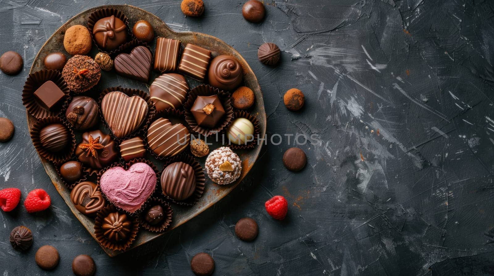 A heart shaped tray of assorted chocolates and raspberries indulgence for a Chocolate Day banner.