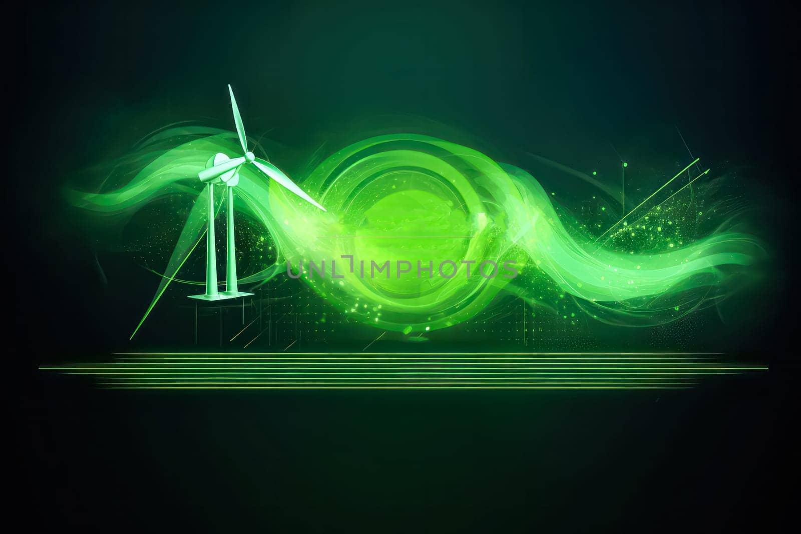 A wind turbine depicted in green and blue hues, surrounded by a swirling green aura, symbolizing renewable energy and sustainability.