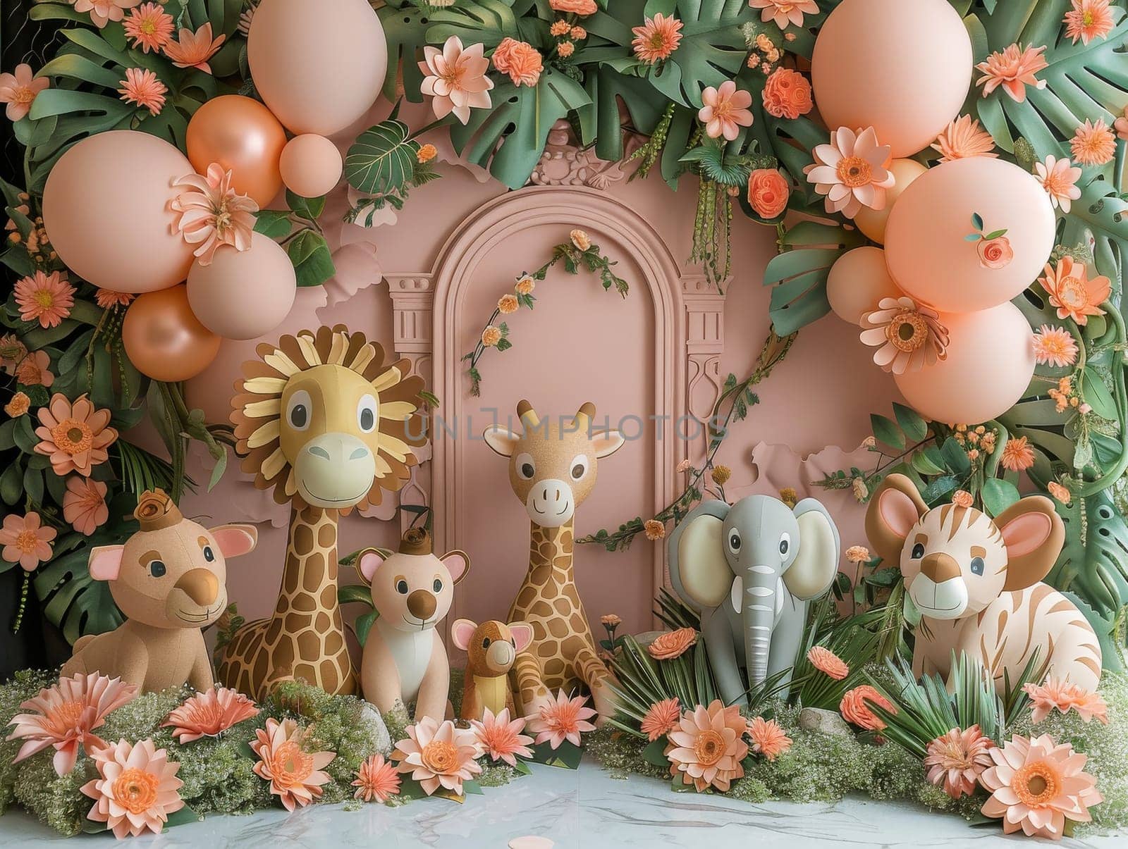 A group of stuffed animals are arranged in a room with pink walls by itchaznong