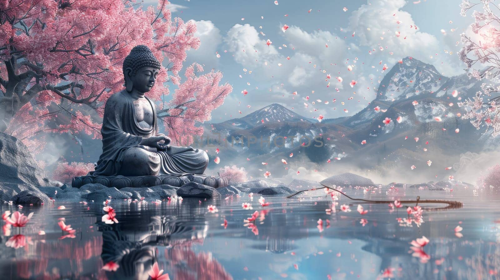 A statue of a Buddha is sitting on a tree branch with pink flowers. The scene is serene and peaceful, with the statue and flowers creating a sense of calm and tranquility