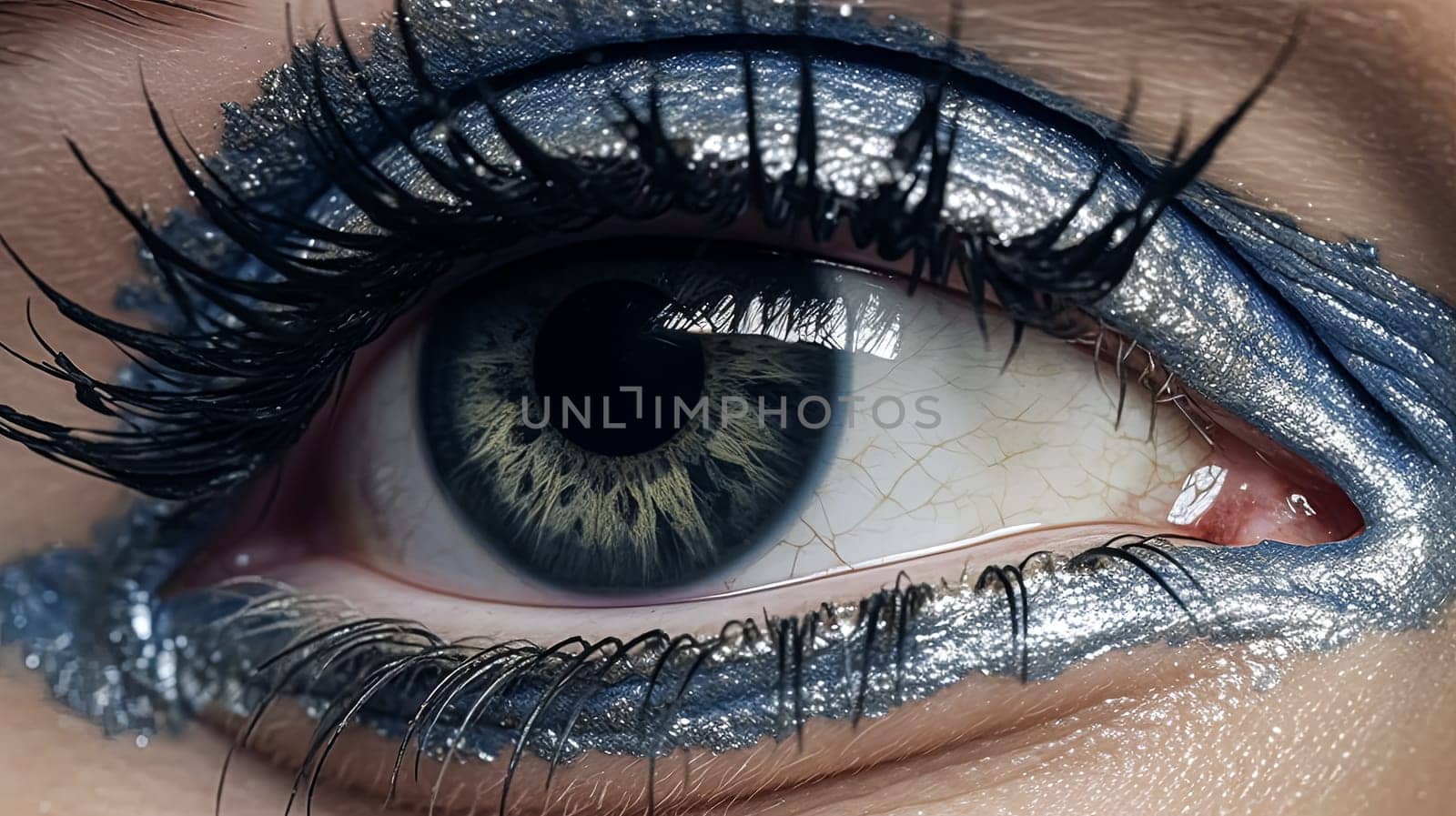 A woman's eye is painted with a colorful design. The colors are bright and bold, creating a fun and playful look. The eye makeup is likely inspired by a street art or graffiti style