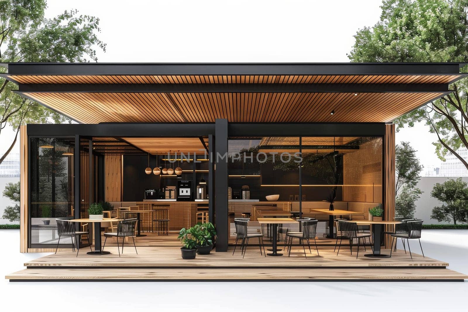 A small, modern building with a glass roof and wooden floors. The building has a restaurant inside and a patio area