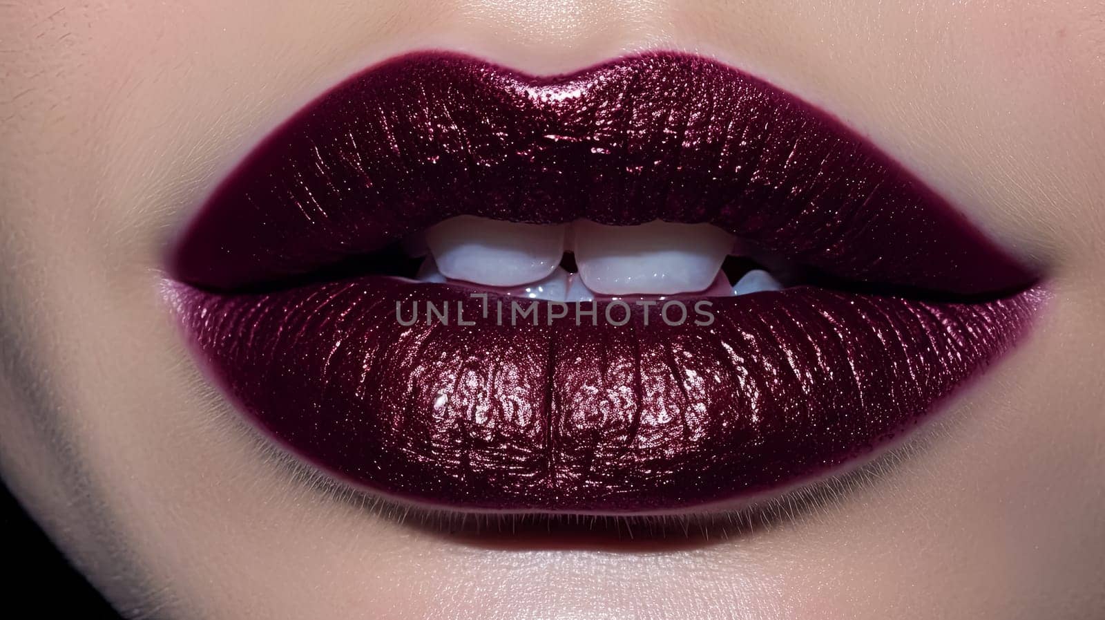 A woman's lips are painted a deep burgundy color. The lips are full and plump, giving the impression of a seductive and confident woman. Concept of glamour and allure