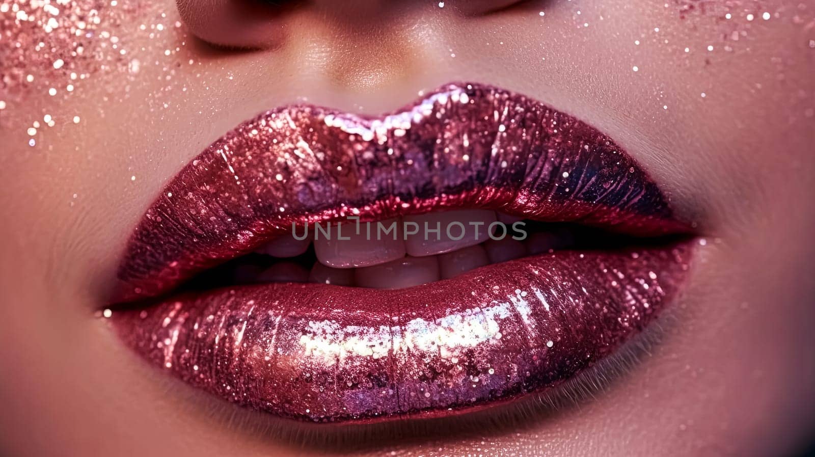 A close up of a woman's mouth with glittery pink lipstick. Concept of glamour and beauty, as the glittery pink lipstick adds a touch of sparkle and sophistication to the woman's appearance