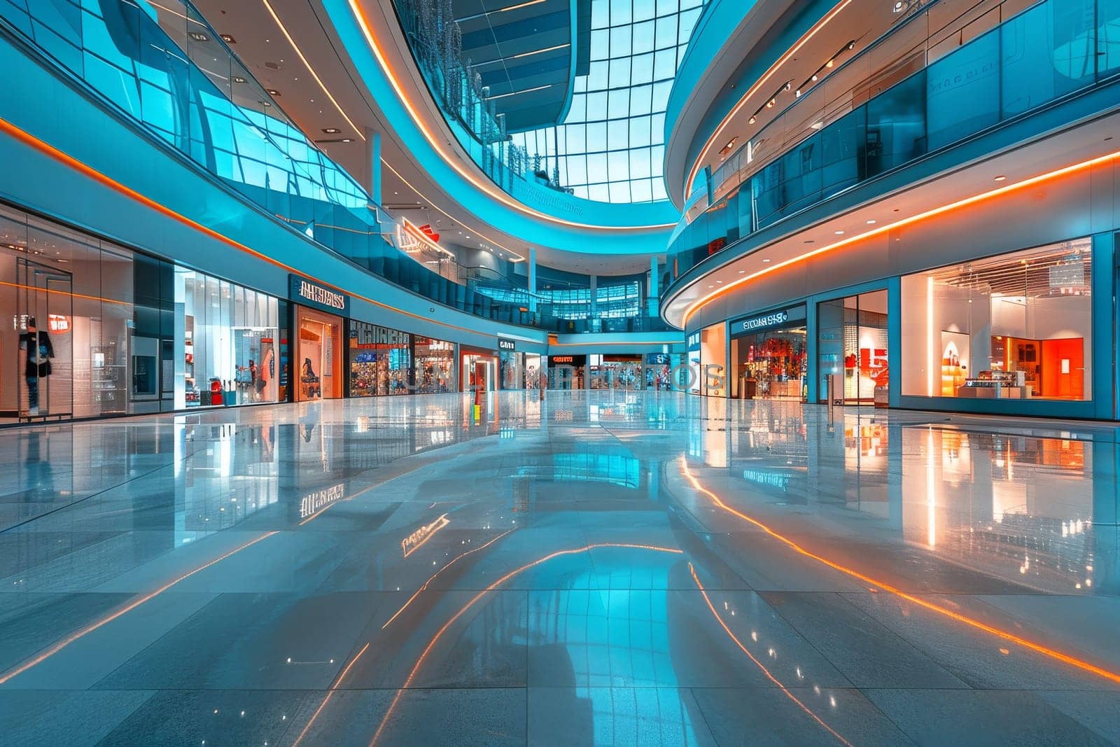 A large mall with a tree in the center and many stores. The mall is lit up and has a bright, inviting atmosphere