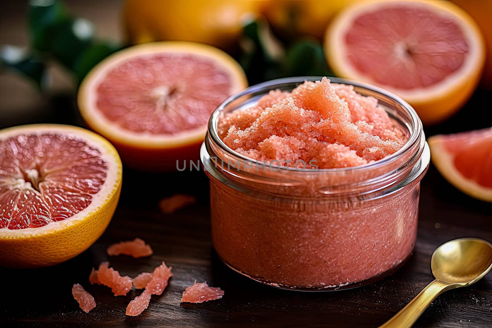 A glass jar with grapefruit salt scrub for the body, a concept of body care cosmetics. Sliced grapefruit rounds are placed around it.