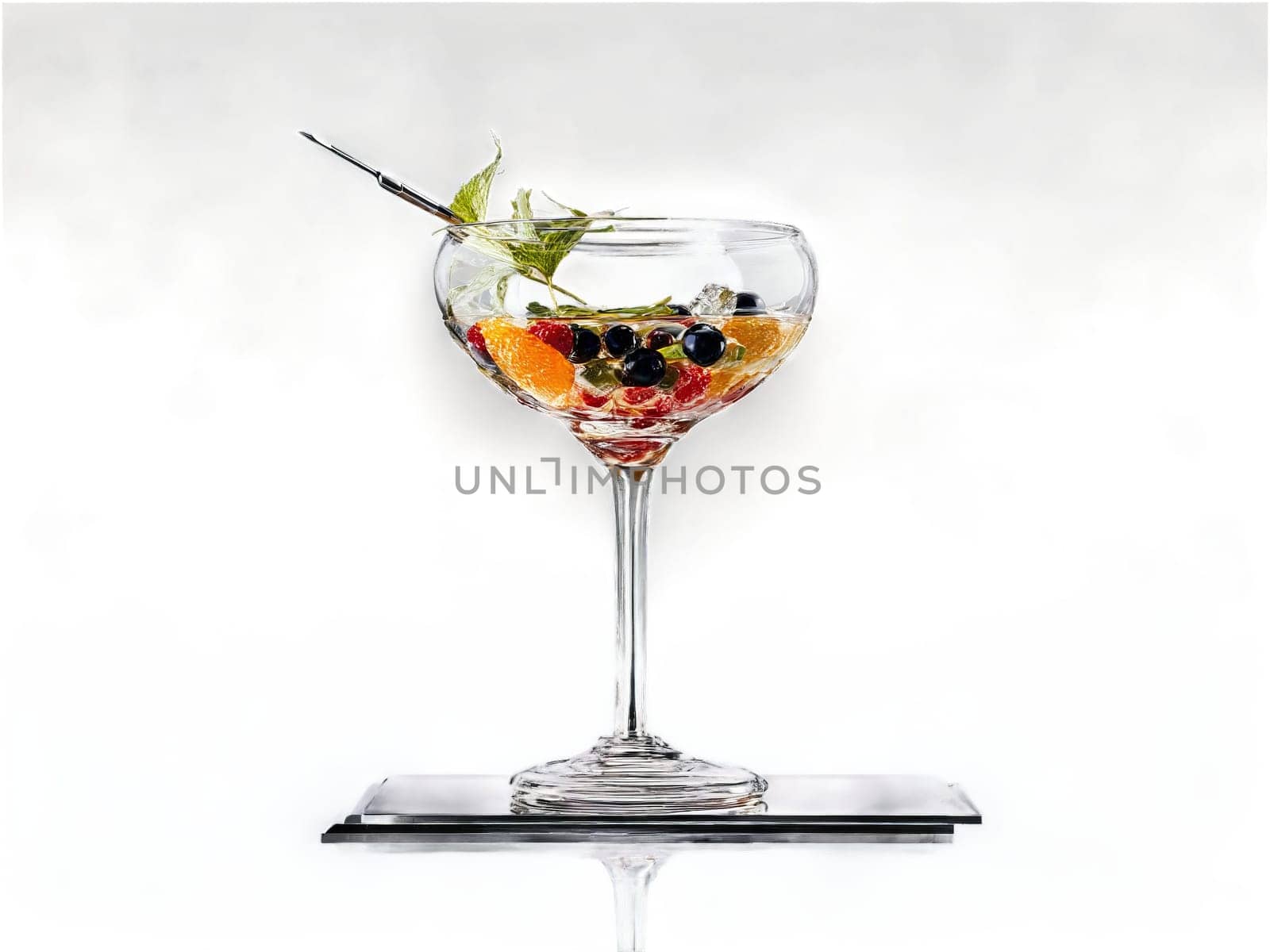A glass dome covering a deconstructed cocktail its elements suspended in mid air set against. Drink isolated on transparent background.