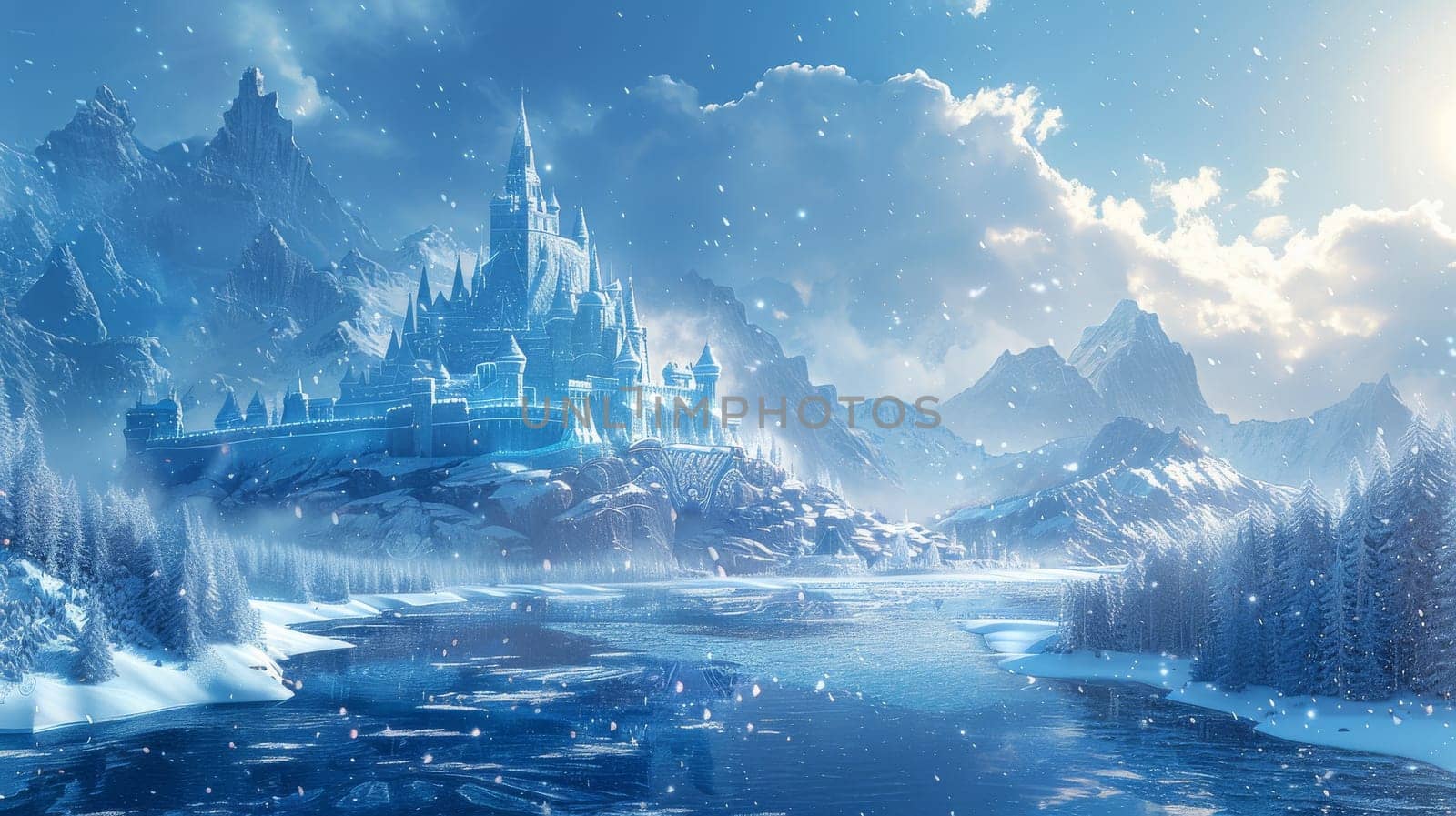 A castle is shown in the distance with a frozen lake in front of it. The castle is surrounded by snow and ice, giving it a cold and desolate appearance