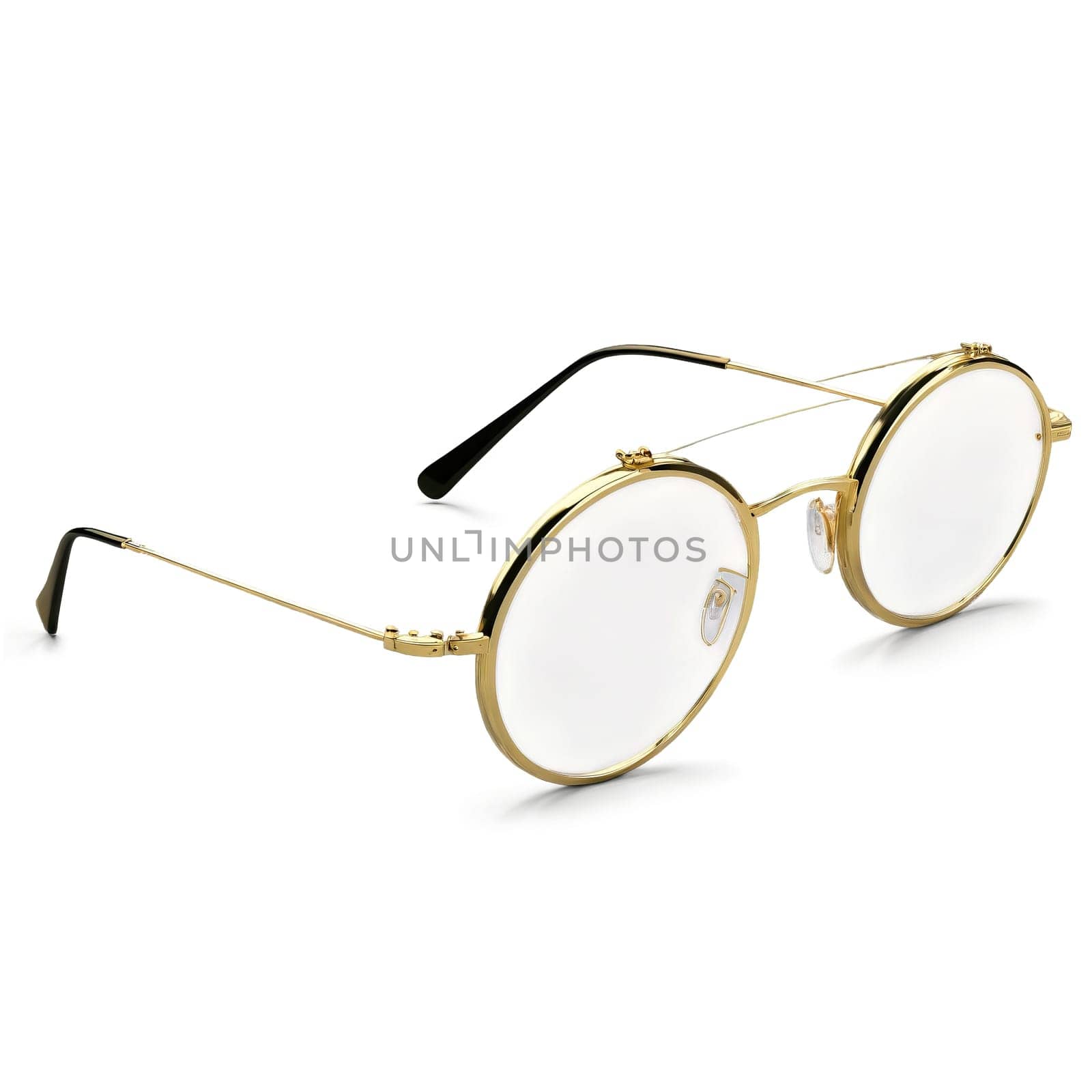 Round glasses with gold tone metal frames and photochromic lenses adapting to changing light conditions. Product isolated on transparent background