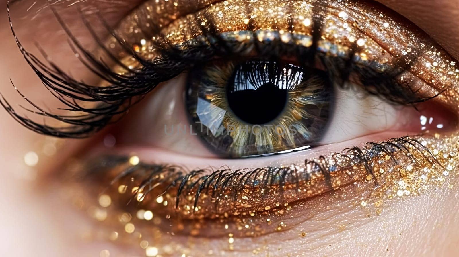 A woman's eye is painted with blue and gold glitter. The eye is the main focus of the image, and the glitter adds a touch of glamour and sophistication