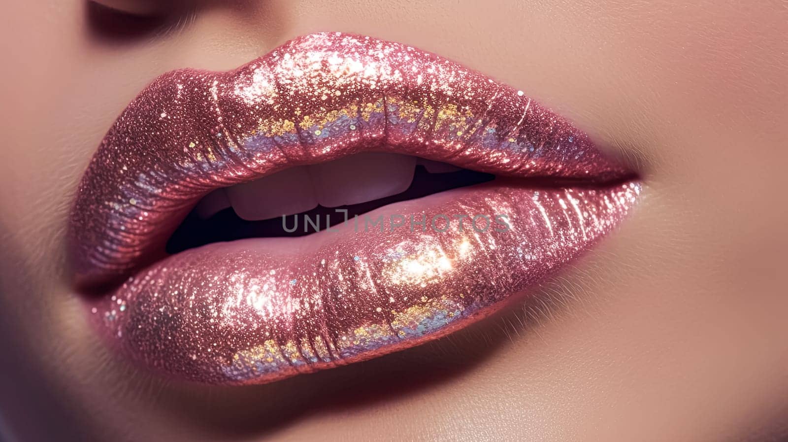 A close up of a woman's mouth with glittery pink lipstick. Concept of glamour and beauty, as the glittery pink lipstick adds a touch of sparkle and sophistication to the woman's appearance