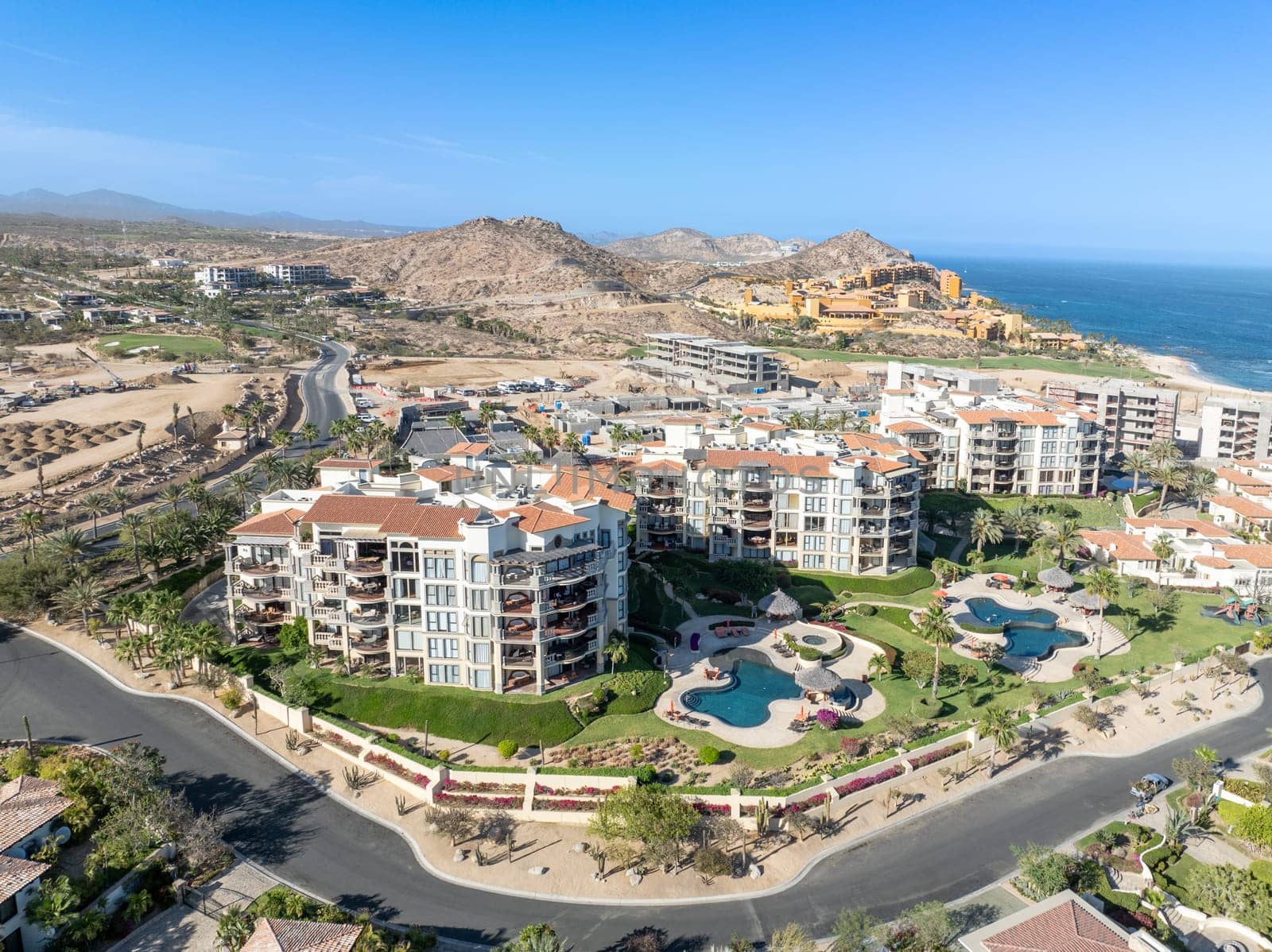 Aerial view of big resorts with pool in Cabo San Jose, Baja California Sur, Mexico