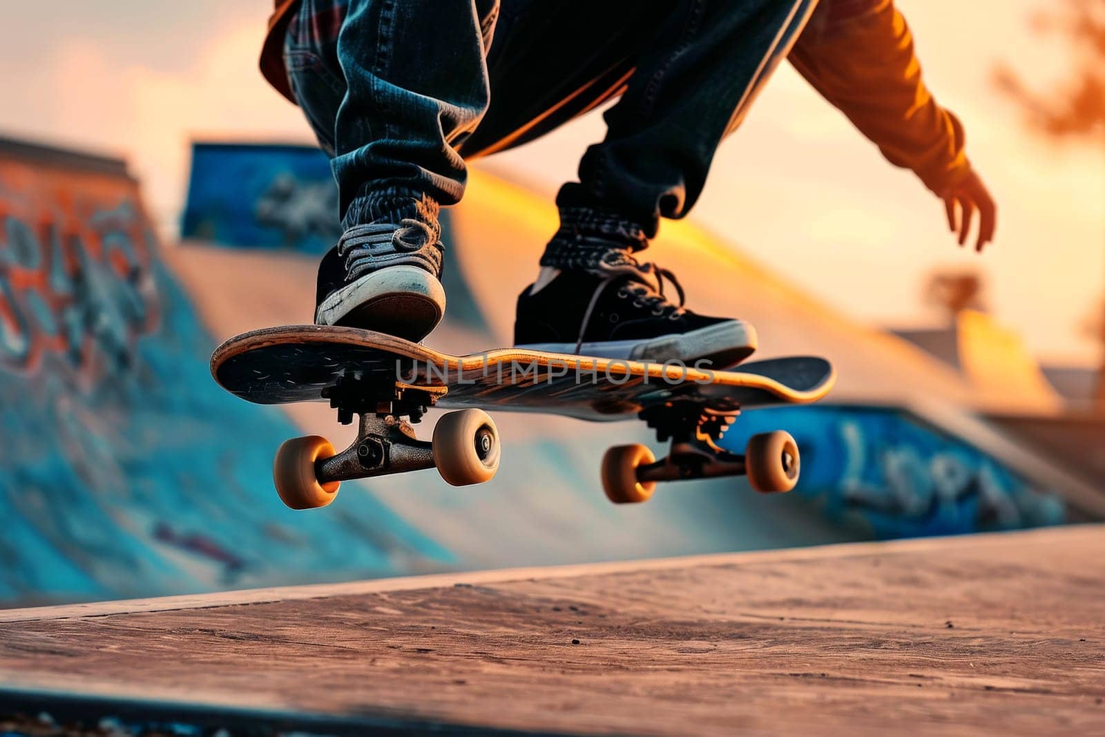 A close-up of a skateboarder's feet executing a trick..