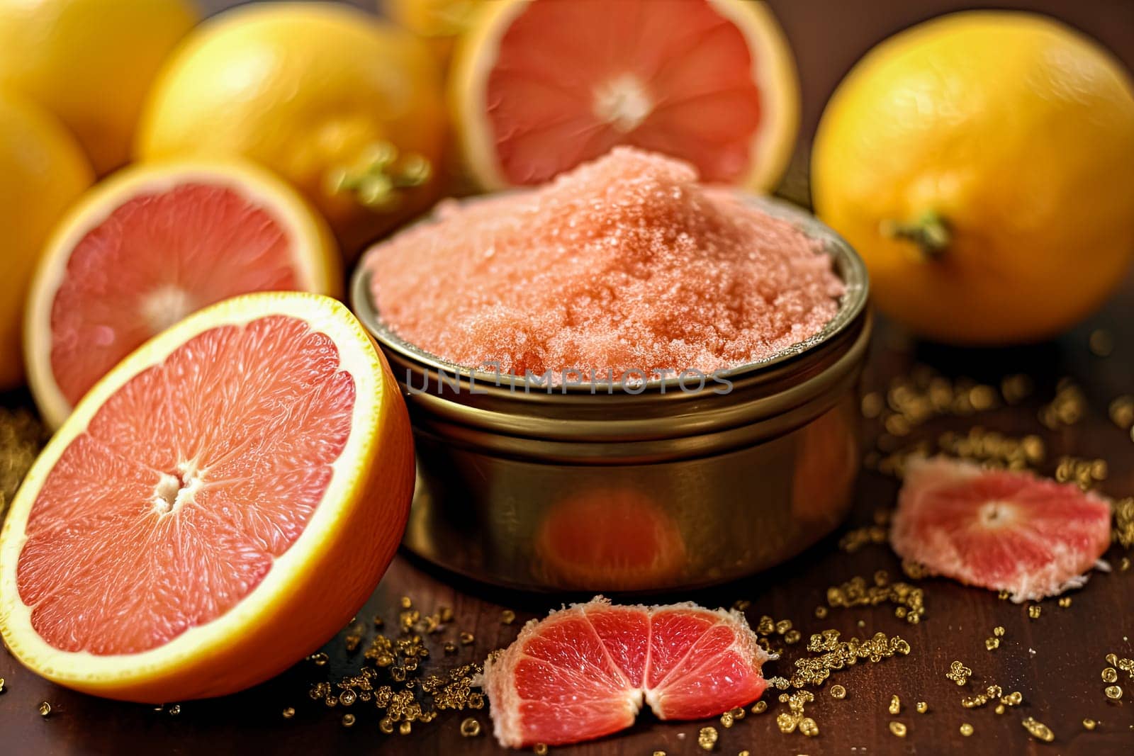 A glass jar with grapefruit salt scrub for the body, a concept of body care cosmetics. Sliced grapefruit rounds are placed around it.