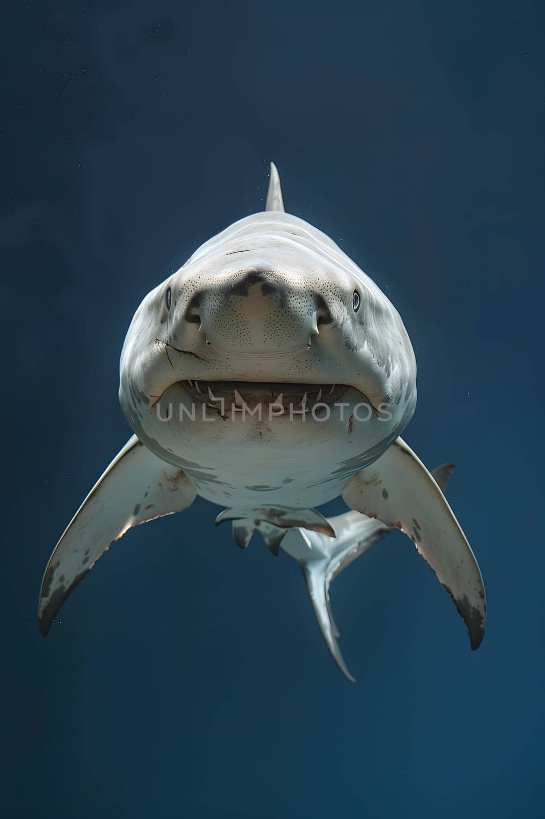 A shark, a marine mammal of the order Lamniformes, is swimming in the liquid environment of the ocean, showcasing its impressive fin to the camera underwater