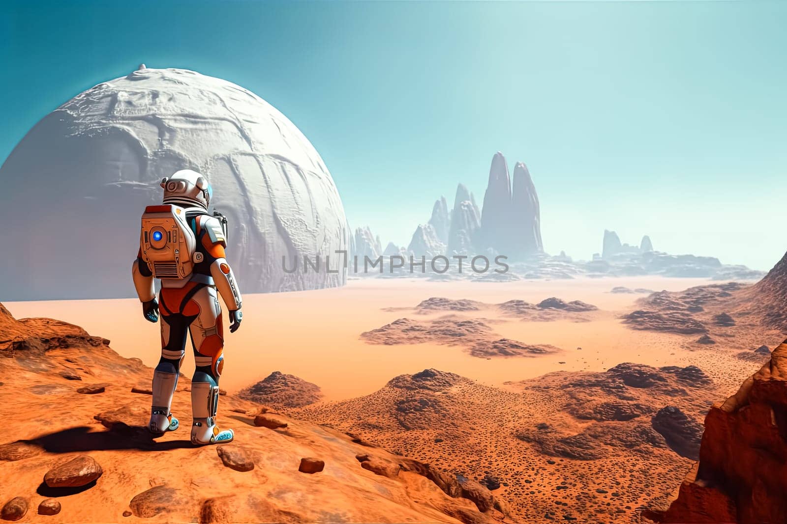 A man in a space suit stands on a rocky surface looking up at a large planet. The scene is set in a barren, desolate landscape with no signs of life